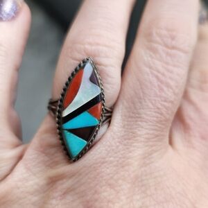 Handmade Sterling Silver 925 Vintage Native American Surfboard Inlay Ring Sz 6